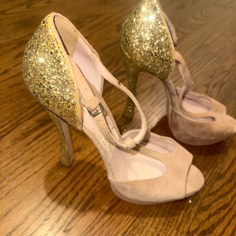Sparkly Miu Miu Gold & Suede Platform Sandals Siz… - image 3